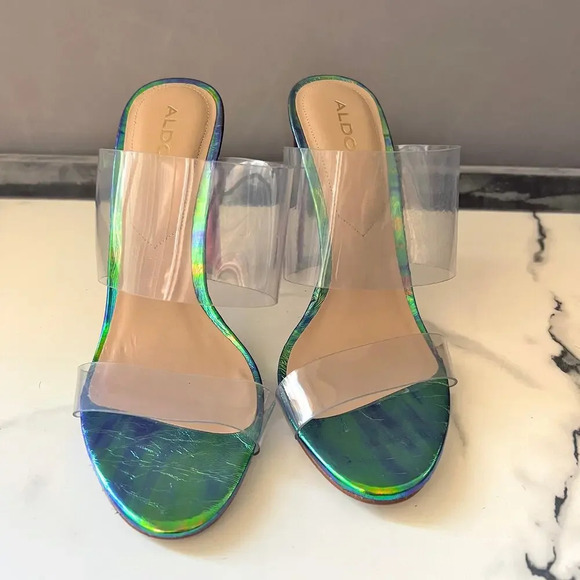 ALDO PVC Clear Double Strap Green Iridescent Mermaid Sandal Heels Size 8.5 - Picture 4 of 11